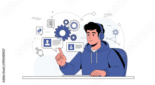 Young man with headphones interacting with digital interface, gears and data icons