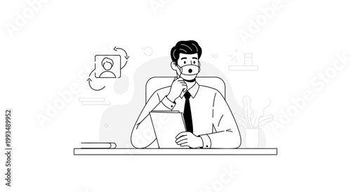 Man in Mask Working at Desk with Digital Interface Showing User Profile