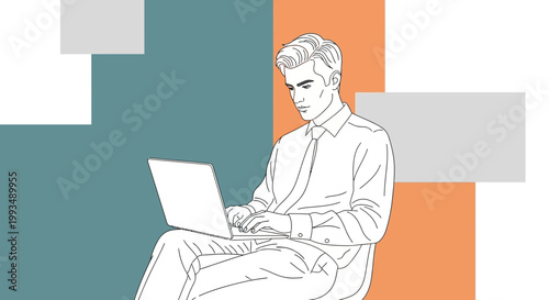 Man in Shirt Working on Laptop Computer, Business Casual Style, Modern Office Background