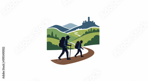 Two hikers with backpacks trek along a winding path through rolling green hills towards a distant castle