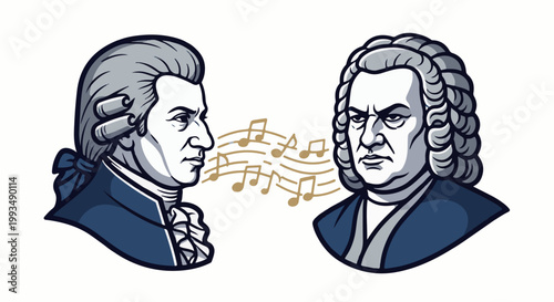 Two historical composers, depicted in profile, exchange musical notes, one with a periwig, the other with a powdered wig
