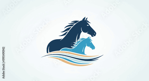 Two horses, one dark blue, one light blue, emerge from stylized waves in blue and gold