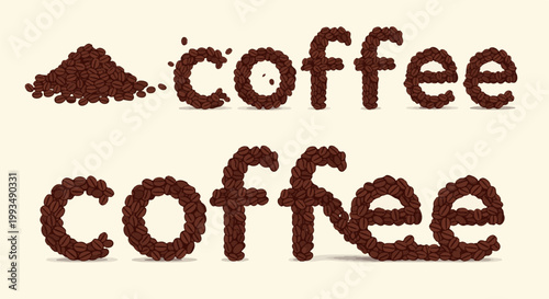 Two lines of text spell out the word "coffee" using brown coffee beans