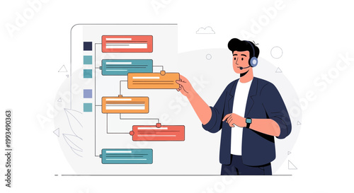 Man in headset working on flowchart, business process, strategy, planning, workflow, project management