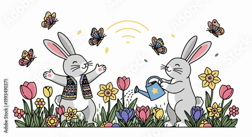 Two cute rabbits watering flowers and butterflies flying around in a spring garden
