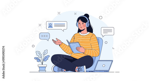 Young Woman Studying Online with Headphones and Laptop, Reading Book