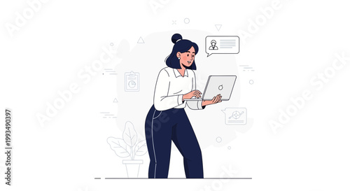Young woman working on laptop, communication bubble, modern office, business concept