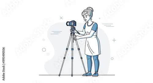 Woman photographer with camera on tripod, illustration, creative hobby, professional photography
