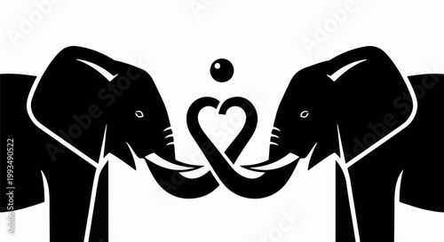 Two elephants face each other, tusks forming a heart shape, with a circle above