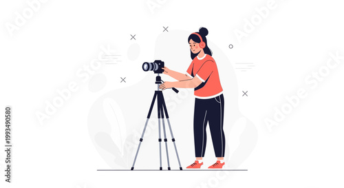 Woman photographer with headphones filming on tripod, illustration