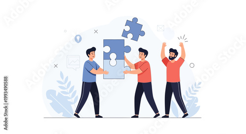 Teamwork puzzle solution, business people assembling jigsaw pieces, collaboration success