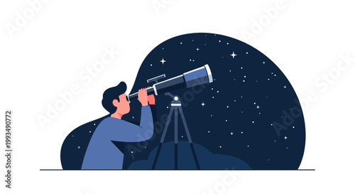 Young Man Stargazing with Telescope Under Starry Night Sky