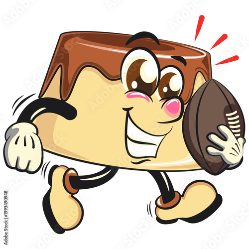 cute caramel pudding mascot character playing rugby and american football, dessert cartoon vector illustration isolated, work of hand drawn