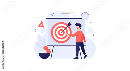 Man hitting target with arrow, business strategy and success concept, flat illustration