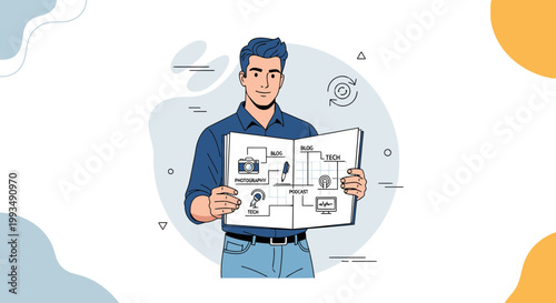 Man holding a mind map of blog, tech, photography, and podcast ideas