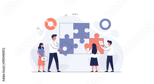 Teamwork puzzle solving, business people collaborating on strategy with jigsaw pieces