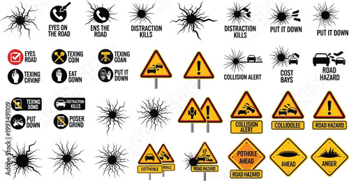 Road hazards appear as cracked glass patterns.