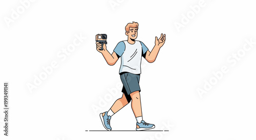 Man filming with action camera, vlogging, walking, outdoor activity, lifestyle
