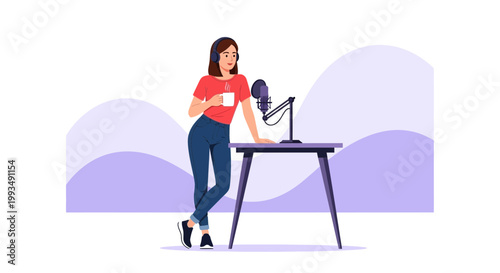 Woman Podcaster Recording Audio with Microphone and Coffee