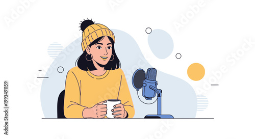 Woman Podcaster Recording Audio with Microphone and Coffee Mug