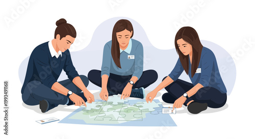 Teamwork strategy planning, people collaborating on map with puzzle pieces