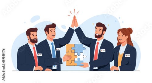 Teamwork Success: Business People High Five with Puzzle Pieces, Celebrating Achievement