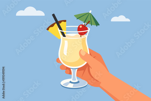 Hand holding a tropical Pina Colada cocktail in a hurricane glass with pineapple wedge, cherry, and umbrella garnish against a blue sky with clouds, simple flat vector illustration for summer.