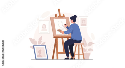 Female artist painting on easel in cozy art studio