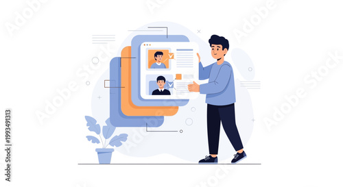 Man choosing candidate from stacked profiles, recruitment and hiring concept