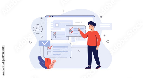Man checking tasks on digital screen, checklist, to-do list, online survey, successful completion