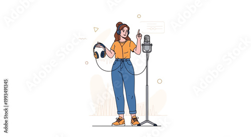 Woman Podcaster Recording Audio with Microphone and Headphones