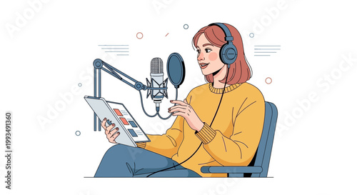 Woman Podcaster Recording Audio with Microphone and Tablet in Studio
