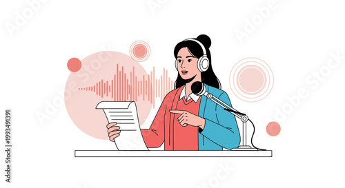 Woman Podcaster Speaking into Microphone with Sound Waves and Headphones