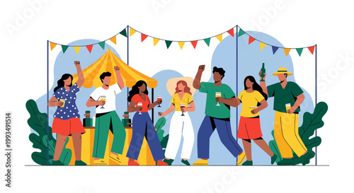 Diverse people dancing outdoors at a colorful festival celebration