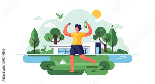 Man exercising outdoors in a park with trees and house