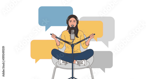 Woman podcasting with headphones and microphone, surrounded by speech bubbles