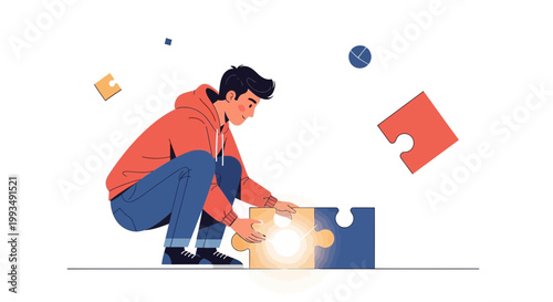 Man assembling puzzle pieces, symbolizing problem solving and strategy