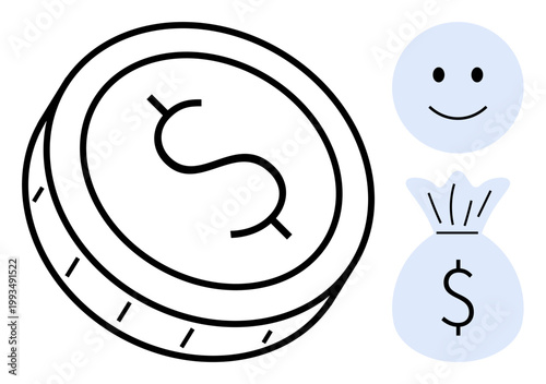 Finance, banking, wealth, savings, investments, happiness. A coin, a money bag and a happy face in a minimal style. Banking and wealth concepts highlighted through clean visuals