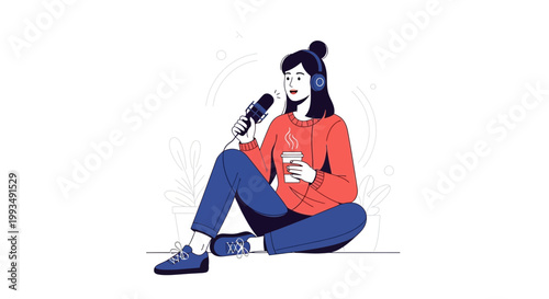Woman podcasting with microphone and coffee, sitting cross-legged, illustration