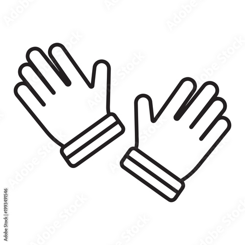 Minimalist black and white line art illustration featuring a pair of protective winter gloves or safety work mittens for digital design projects.