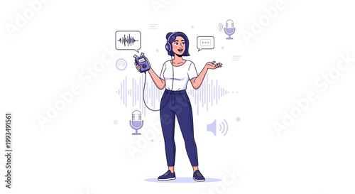 Woman podcasting with recorder and headphones, sound waves and microphone icons