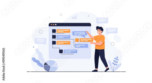 Man Arranging Business Flowchart on Digital Screen, Project Management Concept
