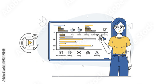 Woman pointing at a video production timeline chart on a whiteboard