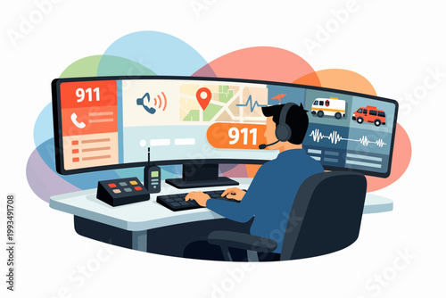 Emergency 911 Dispatcher Operator at Work with Multi Screen Setup
