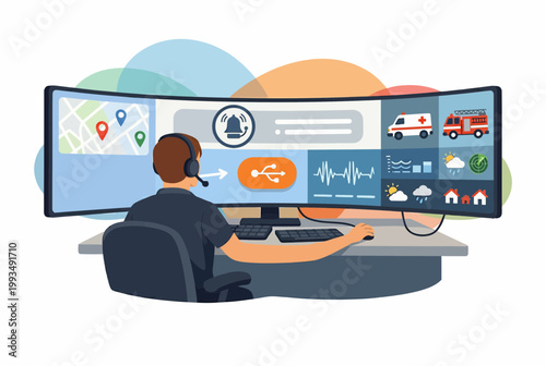 Emergency Dispatcher Working at Control Center with Wide Monitor
