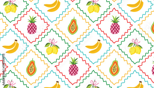 Seamless tropical fruit pattern pineapple banana papaya lemon vector background