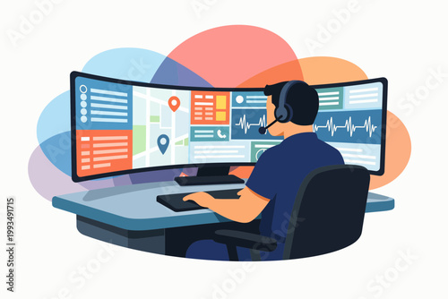 Emergency Dispatcher Monitoring Data on Multiple Curved Screens