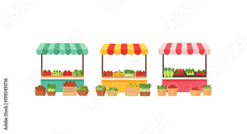 Colorful fruit and vegetable market stalls illustration