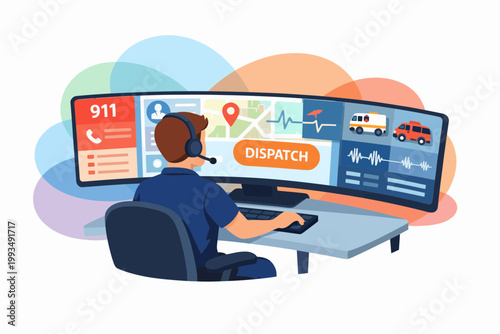 911 Emergency Dispatcher Working at Control Center Illustration