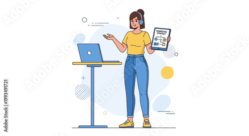 Woman Presenting Marketing Strategy on Tablet with Laptop at Desk